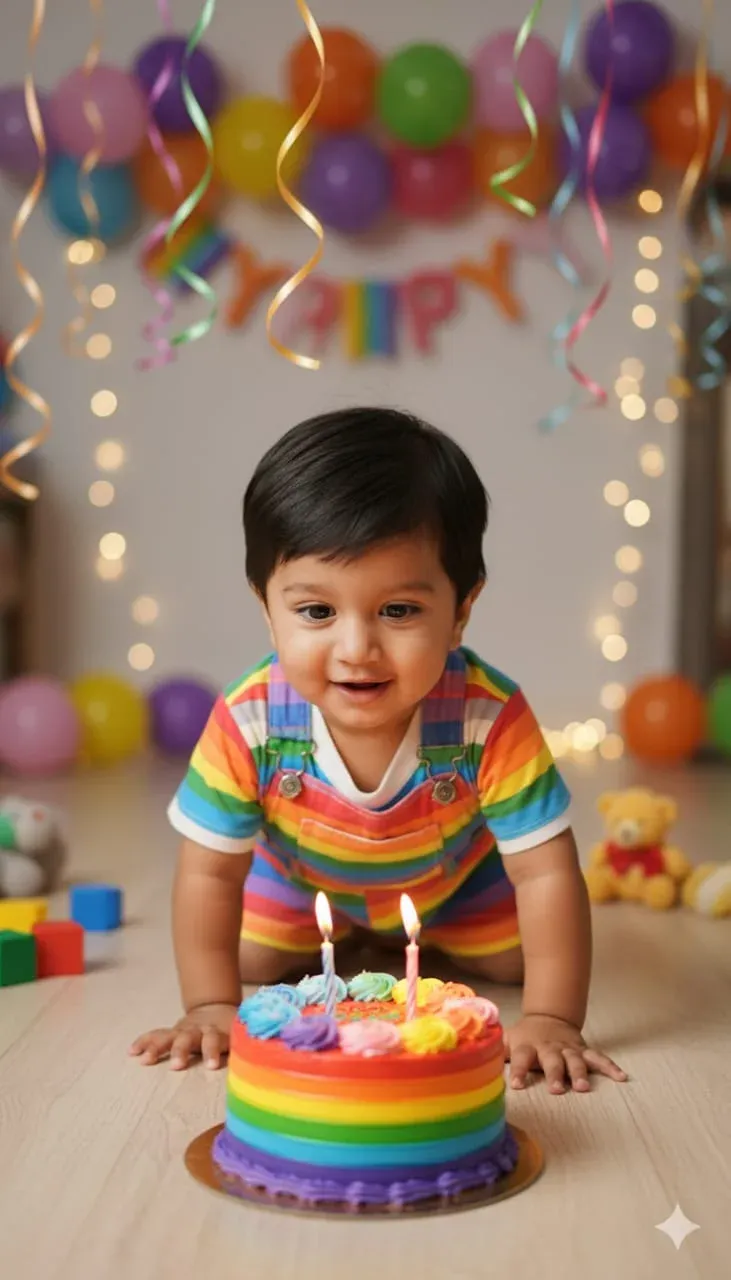 Realistic Indian Baby Birthday Photoshoot with Rainbow Theme | Ultra Photorealistic DSLR Style - AI Image Prompt | Viral Prompts Hub